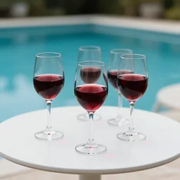 5 5 mm photo of glass of redwine on a zen minimalist round white table with gorgeous pool in the background. highly detailed 8 k. intricate. lifelike. soft light,