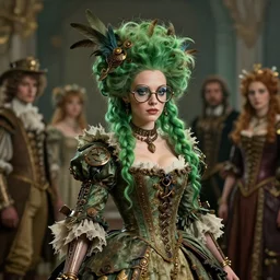 a portrait of a baroque steampunk gorgeous green haired queen of birds with a tattered dress and big glasses, with feather decoration cinematic lighting, photorealistic, octane render, 8 k, depth of field, 3 d, art by artgerm and greg rutkowski and alphonse mucha and uang guangjian and gil elvgren and sachin ten