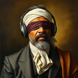 highly detailed potrait of modern srilankan politician with headphone and blindfolded eyes with cloths in baroque style, painting by james jean, mullins, j. c. leyendecker, lights, art by ernst haeckel,