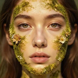 beautiful portrait of a woman\'s face, her skin covered in moss and flowers, golden sunlight, extremely detailed, hyperrealistic, photo by annie leibovitz, masterpiece, award-winning