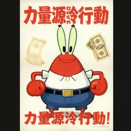 力量源於行動! PROPAGANDA POSTER from the 1960's. All Hail our Glorious Leader Mr. Krabs is now the Chairman of the Great Leap Forward. Mr. Krabs LOVES money. 我們愛錢!