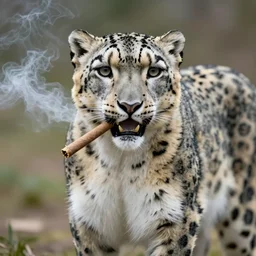A snow leopard with a spliff in his mouth smoking, award winning photo