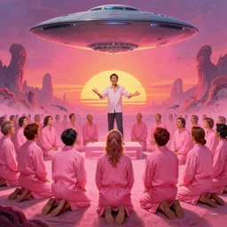 a picture of a happy salesman at a alter speaking to a crowd of kneeling worshipers in pink, a ufo in the sky, sunrise, a detailed matte painting by mort kunstler, pixiv, kitsch movement, hellish background, movie poster, official art