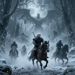 the wild hunt, spectres of the night, otherworldly wraiths, bad omens, riding, blizzard chaotic storm, enchanted forest, fog, snow, ice, dreamy, witcher 3, cinematic, breathtaking, vfx, physically based rendering, unreal 5, cgi, concept art, trending in artstation, 8 k, uhd, dark fantasy