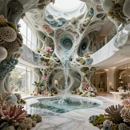 highly detailed ultra sharp 3 d render villa interior cinematic composition of a smooth ceramic porcelain biomolecular magnolia stone nebula soldier lichen fluid fractal sci - fi surreal architecture landscape, corals, granite, marble, moss, callebaut composition, mamou - mani, archviz, beautiful lighting, 8 k, unreal engine, hdr