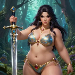 A beautiful, thicc female warrior holding an enchated sword wearing a magical bikini in a magical forest, super detailed face, beautiful eyes, fantasy art, in the style of Artgerm, illustration, epic, fantasy, intricate, hyper detailed, artstation, concept art, smooth, sharp focus, ray tracing, vibrant