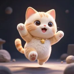 hyperrealistic detailed 3d render of a cute moonchy catman jumping around sharp cinematic lighting vray 8k low angle shallow depth of field