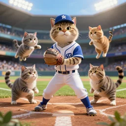 cats playing baseball, realistic 4 k octane beautifully detailed render, 4 k post - processing, highly detailed, intricate complexity, epic composition, magical atmosphere, cinematic lighting, masterpiece, ultra hd