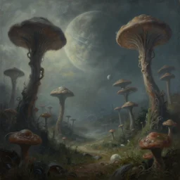 landscape painting of a strange alien fungal forest with spiral plants, planets visible in sky, atmospheric moody sci - fi concept art