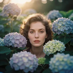 An vintage analog head and shoulder frontal face portrait photography of a woman surrounded by various multiple oversized Hydrangea by Marta Bevacqua. Vogue. Kodak Portra 800 film. (Depth of field). whirl bokeh!!. Golden hour. detailed. hq. realistic. warm light. muted colors. Moody. Filmic. Dreamy. lens flare. Mamiya 7ii, f/1.2, symmetrical balance, in-frame