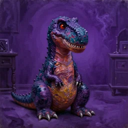 barney the dinosaur in a dim purple lit room, melancholy, smoky, oil on canvas, intricate, portrait, 8 k highly professionally detailed, hdr, cgsociety