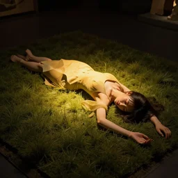 asian girl laying grass, diorama, stunning photo, artist impression, cgsociety, abstract sculpture, warm ambient lighting, glow, deep shadows, hyperdetailed, 8 k