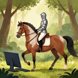 computer, draw me a knight on a horse with a dappled light coming through the trees