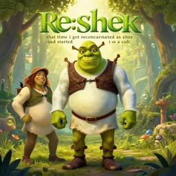 promotional artwork for \'re:shrek - that time i got reincarnated as shrek and started a cult\'