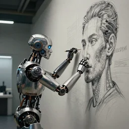 a stunning ultra detailed fantasy fine art photo of a'robot from ex machina movie'engaging in drawing a human face a wall, by tom bagshaw, wlop and artgerm, wide angle, deep depth of field, cyberpunk, artstation, 8 k