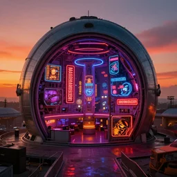 a bulbous zaha hadid space-station night club interior with neon lights and signs inspired by a nuclear reactor submarine and maschinen krieger, ilm, beeple, star citizen halo, mass effect, 2001 space odyssey, elysium, iron smelting pits, warm saturated colours, atmospheric perspective, dramatic sunset