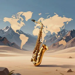 a landscape of a world where the mountains are saxophones and the ground is a piano, jazz, illustration, 1 9 4 0's