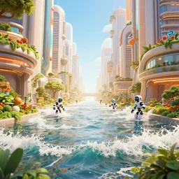 high tides hitting futuristic urban city, centre view, gardens flood, wave scene, robots floating, synthwave colour palette, 8 k, unreal engine, artstation, sunny warm colors