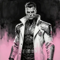 a portrait of a scifi post apocalyptic doctor doom from marvel comics, scifi fantasy character design, black and white, pink gradient, futuristic punk rock fashion, oil painting by marguerite sauvage art and kael ngu ink, sharp focus, realistic, highly detailed, 8 k