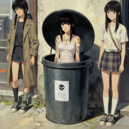 full view, from a distance, of anthropomorphic trashcan who is a girl with tattoos from the novel neuromancer by william gibson, style of yoshii chie and hikari shimoda and martine johanna, highly detailed