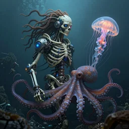 underwater photography of a biopunk human skeleton with dreadlocks in symbiosis with an octopus and a jellyfish, intricate and ornate alien technology, bioluminescence, bloom, dim rim lighting, by victor grasso and scott musgrove, anton h. r. giger and tooth wu, digital illustration, concept art, cg society