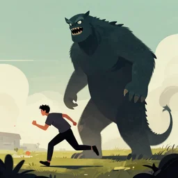 A person being chased by a tall monster, digital art