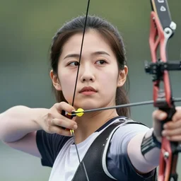 photo realistic, consistent and highly detailed face, a attractive sports woman in archery, pointing his bow, uhd 8 k, highly detailed