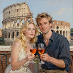 a couple sitting on a balcony in rome, the colosseum in the back, drinking Aperol, the female has blonde hair and blue eyes, the male has dark blonde hair and green eyes, they just got engaged, positive mood, oil painting, romance