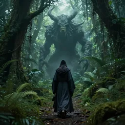 a powerful wizard walking towards an ominous creature in a densely overgrown, eerie jungle, fantasy, stopped in time, dreamlike light incidence, ultra realistic