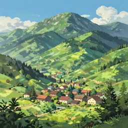 anime! small town in mountain landscape, lush green, blue sky, warm summer day, anton pieck