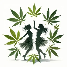 symmetry, multiple cannabis leaves in solid silhouettes, dancing, interacting, mooc, organic and intricate, elegant, highly detailed, concept art, sharp focus, illustration, high contrast, long shadows, painted with colour on white, 8 k