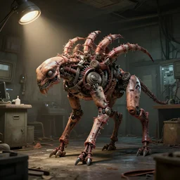 a realistic blender render of a quadrupedal biopunk abomination made of twisted human limbs sewn together. lit by a lone spotlight in a cramped interior of an abandoned research facilit.