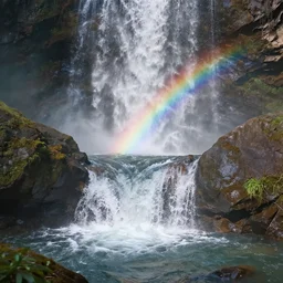 concept art of waterfall cascading onto rocks, small rainbow emerging in background, ethereal, beautiful scenery, intricately meticulously detailed, amazing, glitter, 8 k render octane high definition