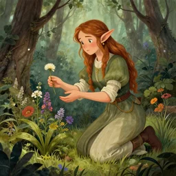 Elven Herbalist collecting flowers in the forest. Absurdly-detailed fantasy character illustration by Rebecca Guay and Wayne Reynolds