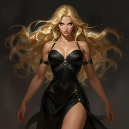 a highly detailed illustration of fierce blonde tanned skin goddess ereshkigal wearing black dress, dramatic powerful pose, perfect face, perfect body, muscular, intricate, elegant, highly detailed, centered, digital painting, artstation, concept art, smooth, sharp focus, league of legends concept art, wlop