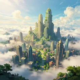 a beautiful city 🌤 above the clouds of the sky 🌿🌲⛰, style artstation, style greg rutkowsk, comic art book,, octane render, unreal engine 6, epic game graphics, fantasy, ciberpunk, post - apocaliptic, ray tracing