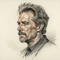 a realistic yet scraggly portrait sketch of the side profile of a stern and sophisticated willem dafoe, trending on artstation, intricate details, in the style of frank auerbach, in the style of sergio aragones, in the style of martin ansin, in the style of david aja, in the style of mattias adolfsson