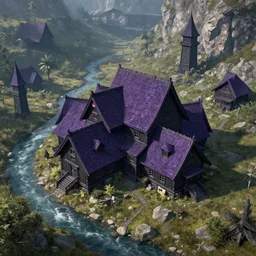 concept art, a wood purple black attic in the mountain stream, in the center of a building group. large four corner attic building in the middle, smaller attics and towers around, unreal engine, hyperdetailed, pixiv fanbox, artstation, 4 k