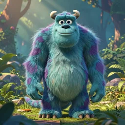 fur full body monster, very sweet, rainforest, 3d, realistic, pixar style
