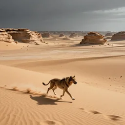 beast running across the open desert, empty desert, sand, karst landscape, wide shot, concept art by anton fadeev