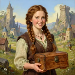 portrait | beautiful dwarven woman holding a wooden box, cheerful, beautiful painting, thick braided hair, hyperdetailed, intricate, thomas kinkade, jeff easley, anne stokes, artstation, in the dwarven city,
