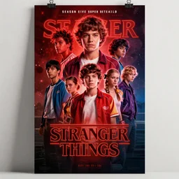 “movie poster for season five of stranger things, hyperrealistic, super detailed, digital art, 2023”