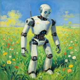 a beautiful painting of a busted and broken humanoid robot android in a field of flowers by moebius