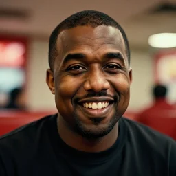 colour photo of the face of old and very obese kanye west at 9 0 years old, smiling. inside kfc. cinematic lighting, ray tracing, octane render, long lens, shallow depth of field, bokeh, anamorphic lens flare, 8 k, hyper detailed, 3 5 mm film grain