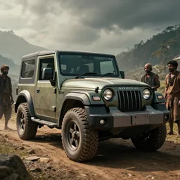Mahindra thar, tribe members watching nearby, an epic fantasy, dramatic lighting, cinematic, establishing shot, extremely high detail, photorealistic, cinematic lighting, artstation, horizon forbidden west