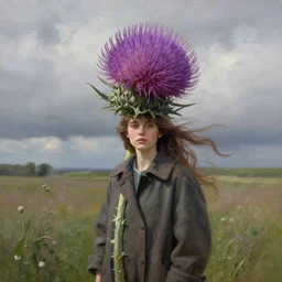 portrait, enormous thistle flower under head, girl wearing a coat in field, surreal photography, wind, cloudy sky, dramatic light, impressionist painting, digital painting, artstation, simon stalenhag