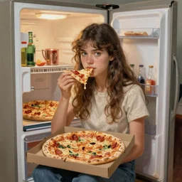 A beautiful installation art of a young lady with a serious case of the munchies, eating an entire pizza while sitting in front of an open refrigerator. beige by Wassily Kandinsky, by Vincent Desiderio unified