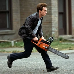 patrick bateman running with a chainsaw, in american psycho ( 1 9 9 9 )