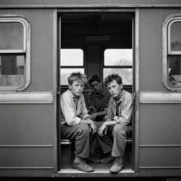 Award winning Dorothea Lange photo, 1934, Great Depression. Three hobos sitting in a train car with an open door, looking at the camera. They look serious and tired. Americana, vintage, Pulitzer Prize.