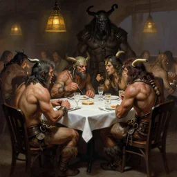 small diner filled with barbarians in the style of frank frazetta